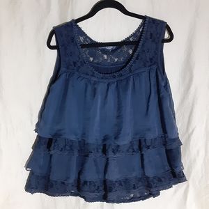 🍀3/$25 Navy silk blouse with ruffles and lace size S